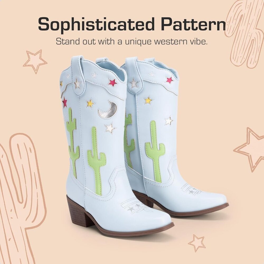 Girls Cowboy Boots Cowgirl Western Boots with Low Heel Square Toe for Little Kid - Picture 5 of 5